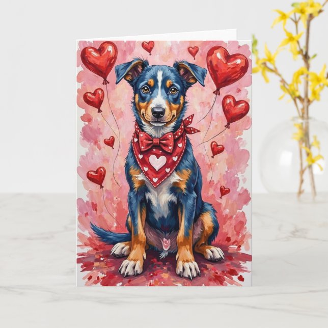 Blue Heeler Valentine’s Day Dog with Hearts Red Karte (Gelbe Blume)