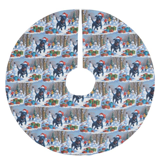 Blue Heeler Weihnachtsfest Schneeszene Polyester Weihnachtsbaumdecke (Vorderseite)