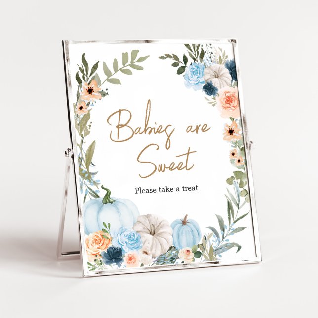 Blue Herbst Blume Pumpkin Babies sind süß Poster (Autumn Little Pumpkin Baby Shower Babies are Sweet Sign)