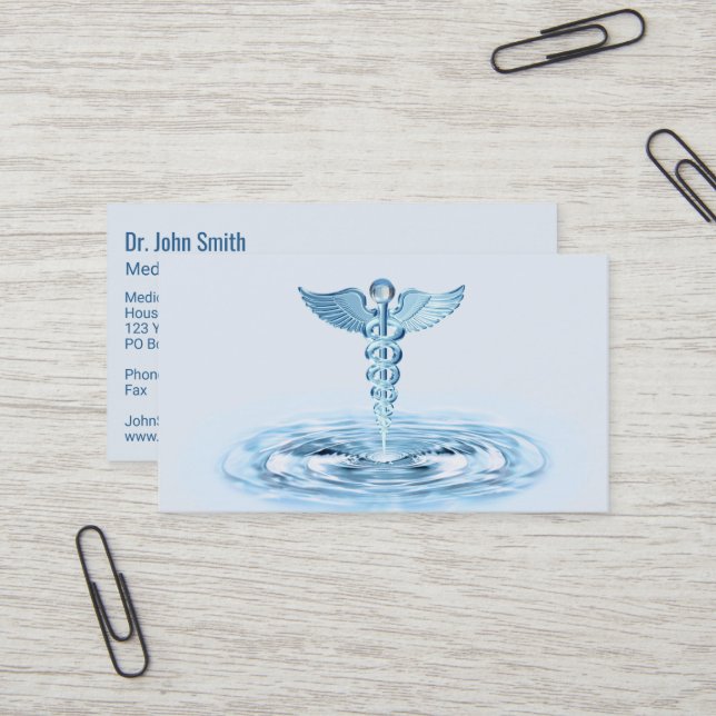 Blue Hermes Rod Caduceus Water Ripples Medical Visitenkarte (Vorderseite/Rückseite Beispiel)