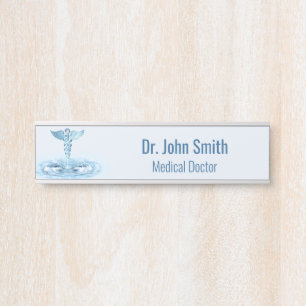 Blue Hermes Rod Water Ripples Caduceus Medical Türschild