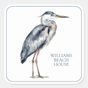 Blue Heron Bird an der Küste Personalisiert Quadratischer Aufkleber