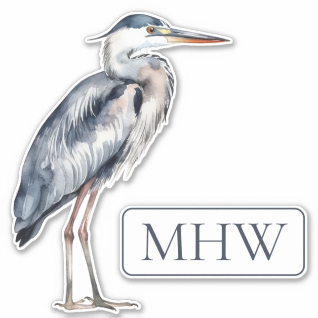 Blue Heron Bird Monogram Aufkleber (Vorderseite)