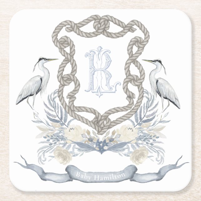 Blue Heron Rope Monogram Crest Rechteckiger Pappuntersetzer (Vorderseite)