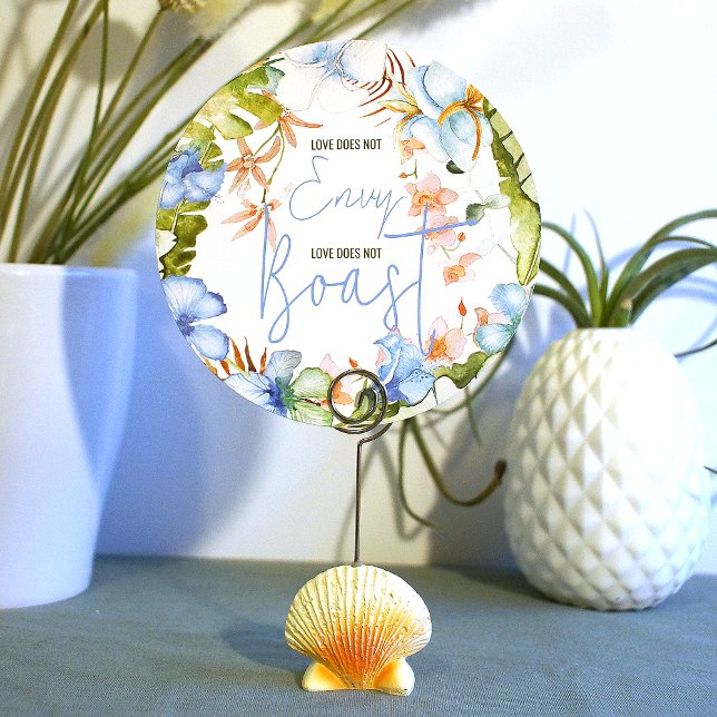 Blue Hibiscus Green Banana Leaves Sign Einladung (love does not envy love does not boast wedding table top sign blue tropical hibiscus flowers)