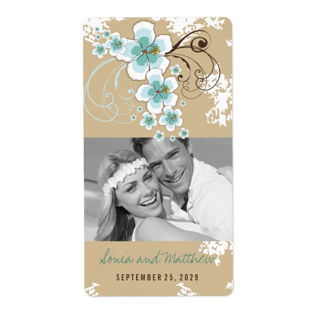 Blue Hibisken Tropical Beach Hochzeitweinetiketten (Vorne)