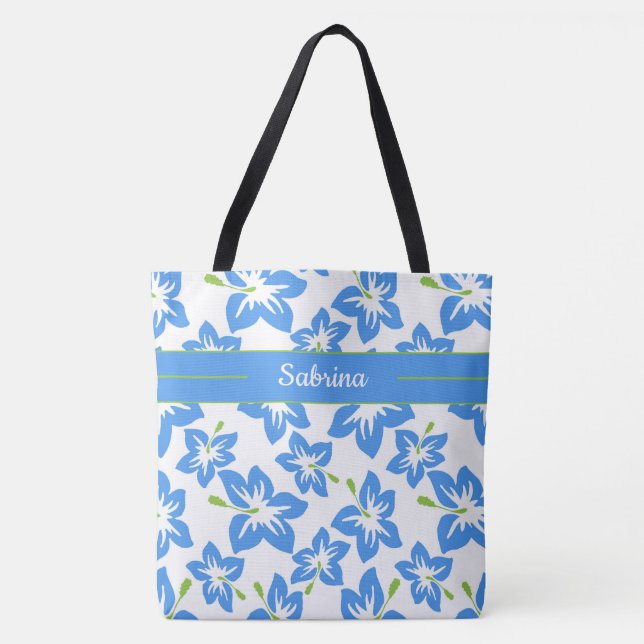 Blue Hibiskus Mit Monogramm Tote Bag Tasche (Vorderseite)