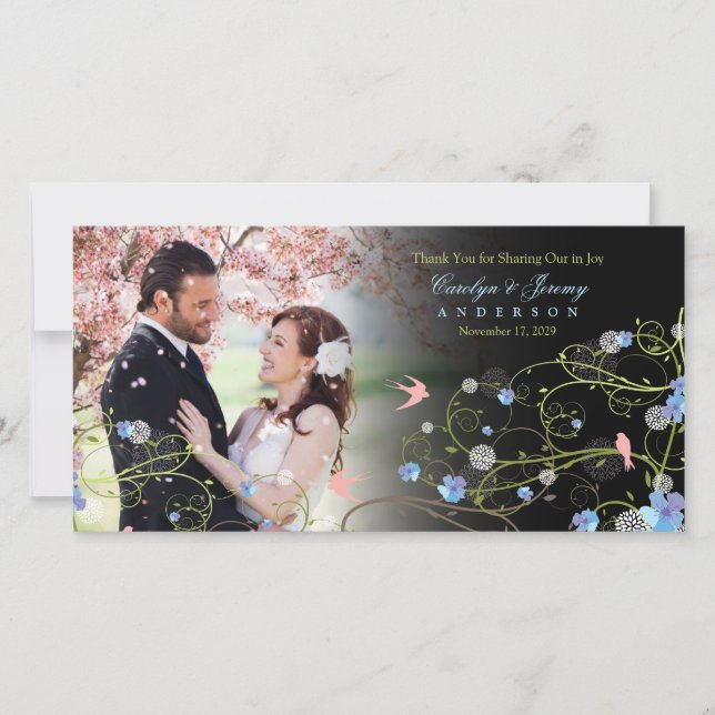 Blue Hibiskus & Swallows Chic Floral Wedding Foto Dankeskarte (Vorderseite)