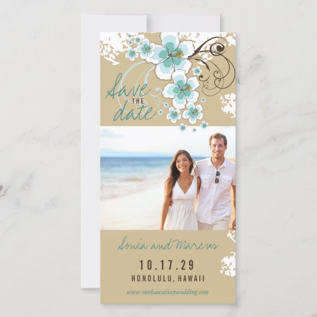 Blue Hibiskus Tropical Wedding Foto Save the Date (Vorderseite)