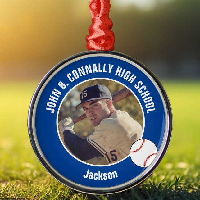 Blue High School Baseball Player Photo Christmas Ornament Aus Metall (Von Creator hochgeladen)