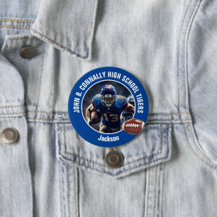 Blue High School Football Player Foto Grosses Brag Button
