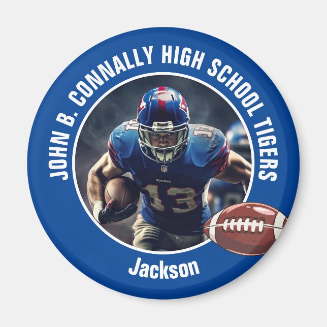 Blue High School Football Player Foto Magnet (Vorne)