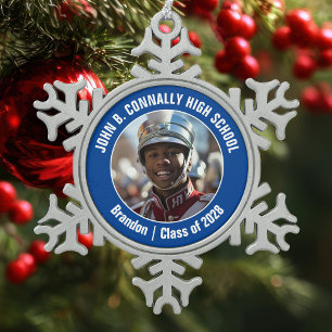 Blue High School Marching Band Foto Geschenk Schneeflocken Zinn-Ornament