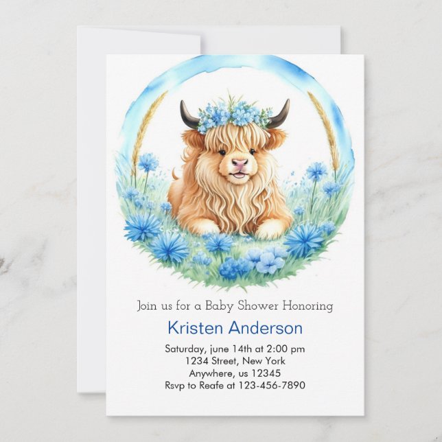 Blue Highland Cow Adventure Boy Baby Shower Einladung (Vorderseite)