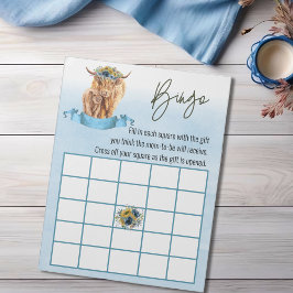 Blue Highland Cow Baby Dusche Bingo Spiel Notizblock