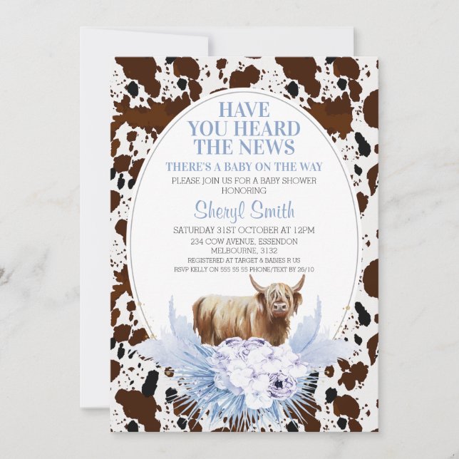 Blue Highland Cow Boho Floral Baby Dusche Einladung (Vorderseite)