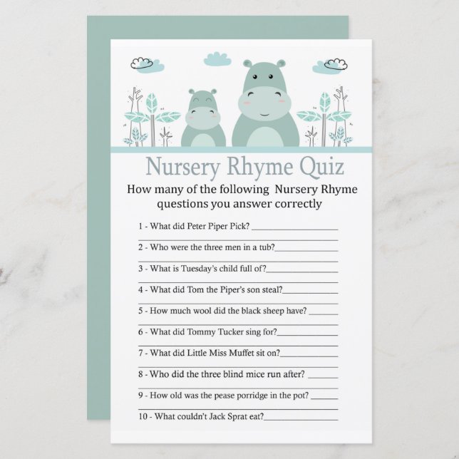 Blue Hippo Kinderzimmer Rhyme Quiz Babyduschenspie (Vorne/Hinten)