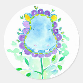 Blue Hippo Watercolor Blume Runder Aufkleber