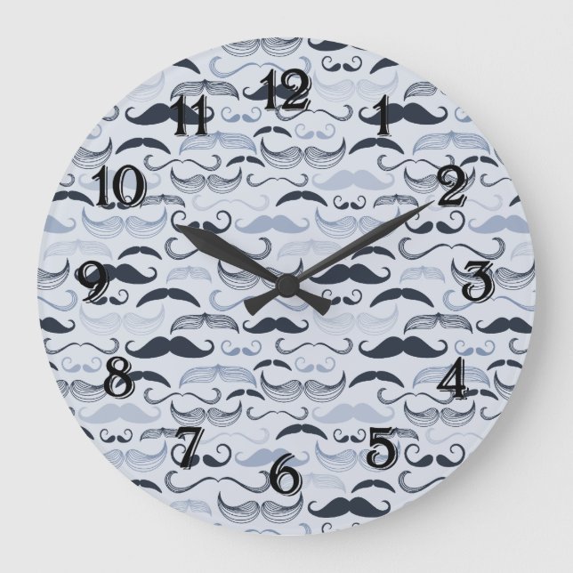 Blue Hipster Mustaches Große Wanduhr (Vorderseite)