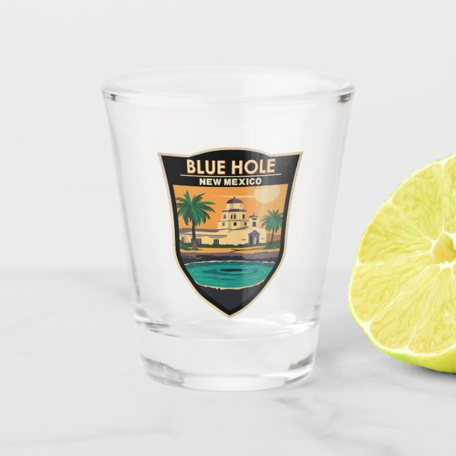 Blue Hole New Mexico Reisen Art Abzeichen Schnapsglas (Vorderseite)