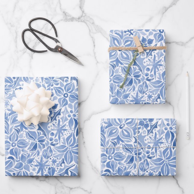 Blue Holiday Floral Geschenkpapier Set (Vorderseite)