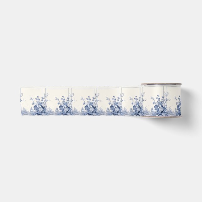 Blue Holiday Ribbon mit französischem Blumenmuster Satinband (Vorderseite)