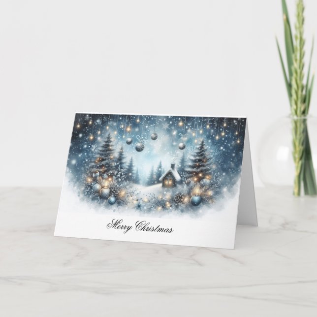 Blue Holiday Snow Scene Frohe Weihnachten Karte (Vorderseite)