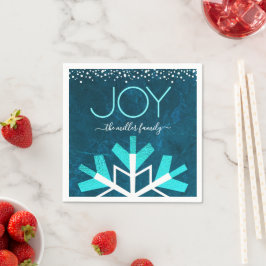 Blue Holiday Snowflake Joy Modern Typografy Name Serviette