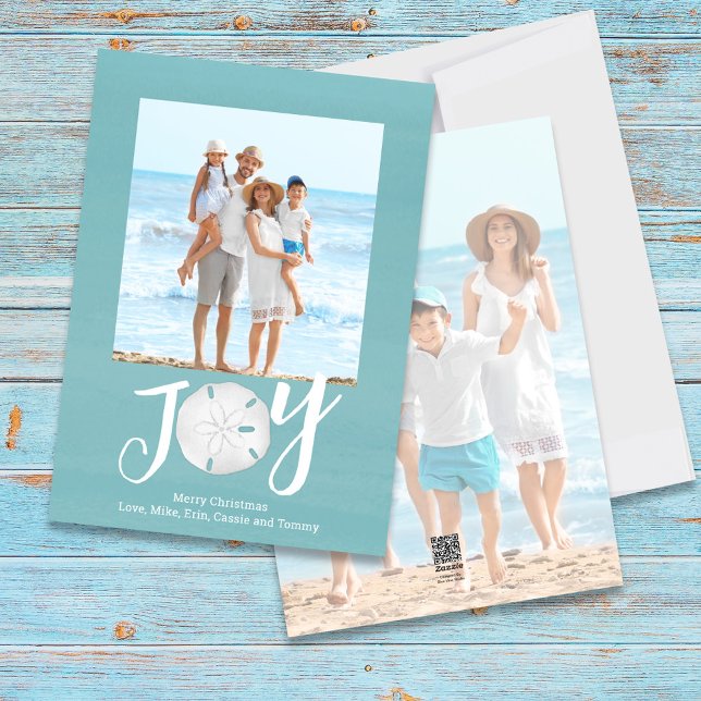 Blue Holiday Weihnachten Foto Watercolor Beach (Christmas Holiday Joy Creative Typography Beach Photo Card with a two-photo template.)