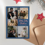 Blue Holly Jolly Christmas Five Foto Collage Feiertagskarte<br><div class="desc">Diese Blue Holly Jolly Christmas Five Foto Collage Holiday Card bietet einfache, helle und fröhliche Kulissen in Blau und Rot mit klaren weißen Rändern und klassischer Typografie, die mit einem skaninavischen Kane-Stil-Skript für Titel und Header verziert sind. Machen Sie es zu einem heiligen, fröhlichen Weihnachtsfest mit diesem lustigen, festlichen Design...</div>