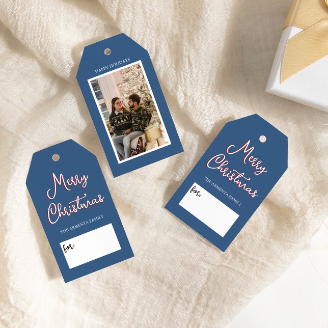 Blue Holly Jolly Weihnachts-Foto und Familienname Geschenkanhänger (Von Creator hochgeladen)