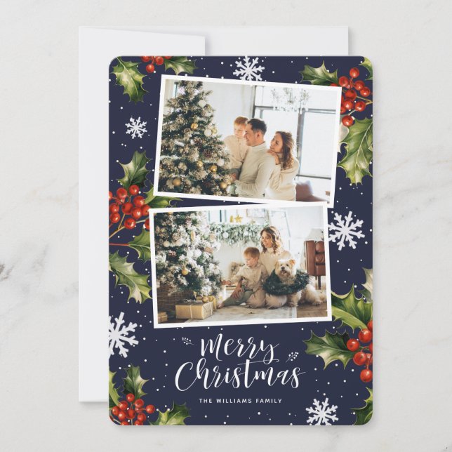 Blue Holries Snowflakes Foto Weihnachtskarte Feiertagskarte (Vorderseite)