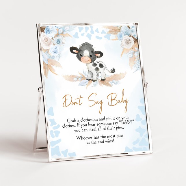 Blue Holy Cow Baby Shower Say Baby nicht Poster (Boy Highland Cow Baby Shower Don't Say Baby Sign)