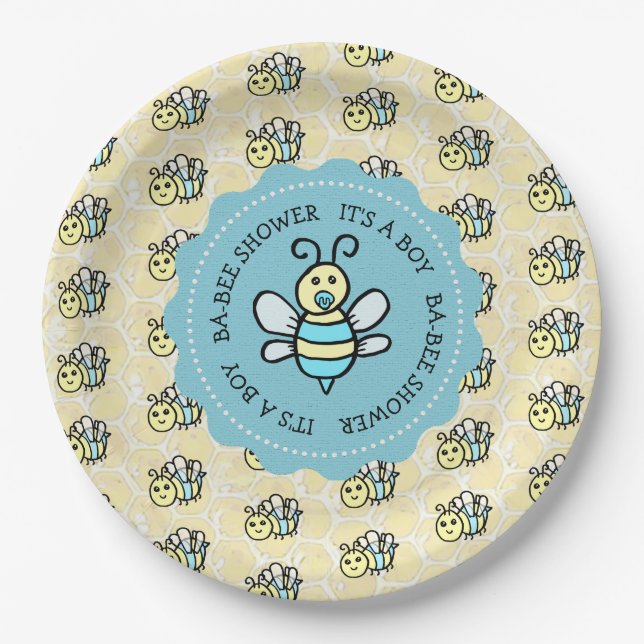 Blue Honey Bee Boy's Baby Shower Pappteller (Vorderseite)
