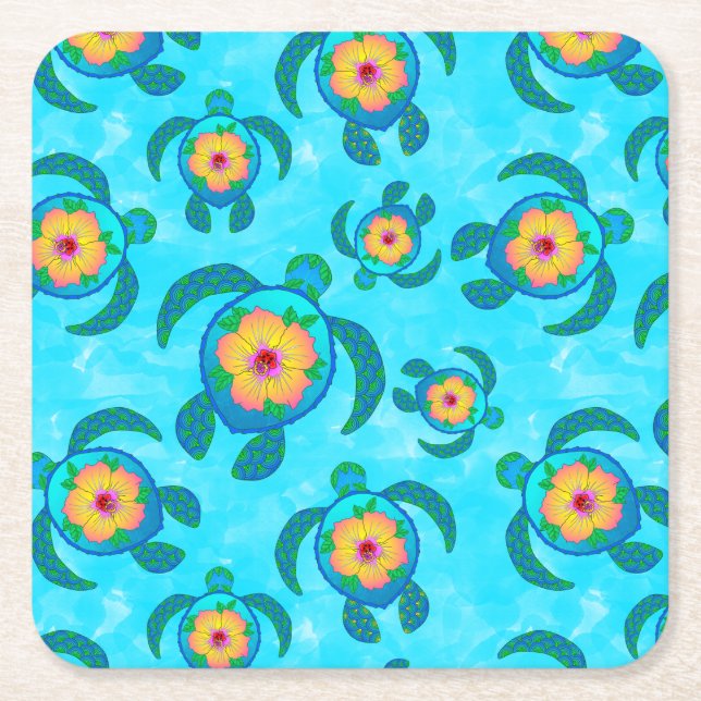 Blue Honu Sea Turtles Hibiskus Blume Rechteckiger Pappuntersetzer (Vorderseite)