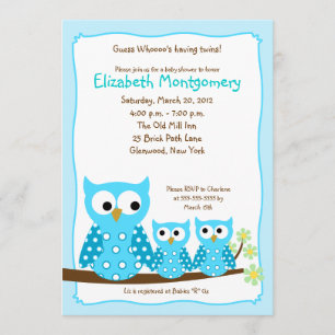 BLUE HOOT OWLS TWINS 12x18 Baby Dusche Einladung