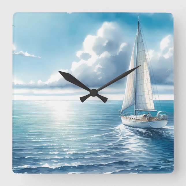 Blue Horizon Solitary Sailboat Quadratische Wanduhr (Vorderseite)