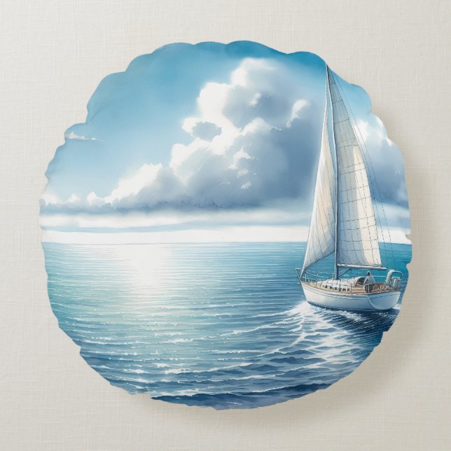 Blue Horizon Solitary Sailboat Rundes Kissen (Vorderseite)