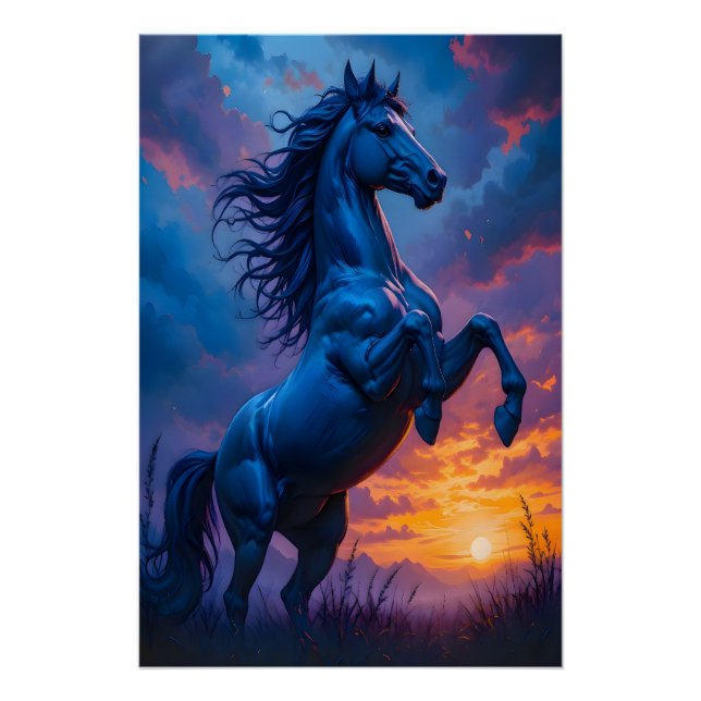 Blue Horse Sunset Fantasy Art Gift Glossy Poster  (Vorderseite)