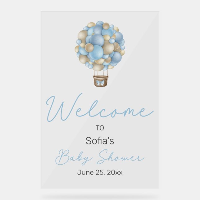 Blue Hot Air Ballon Baby Dusche Begrüßungszeichen Acrylschild (Vorderseite)