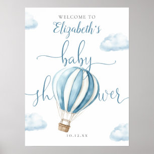Blue Hot Air Ballon Baby Dusche Begrüßungszeichen Poster