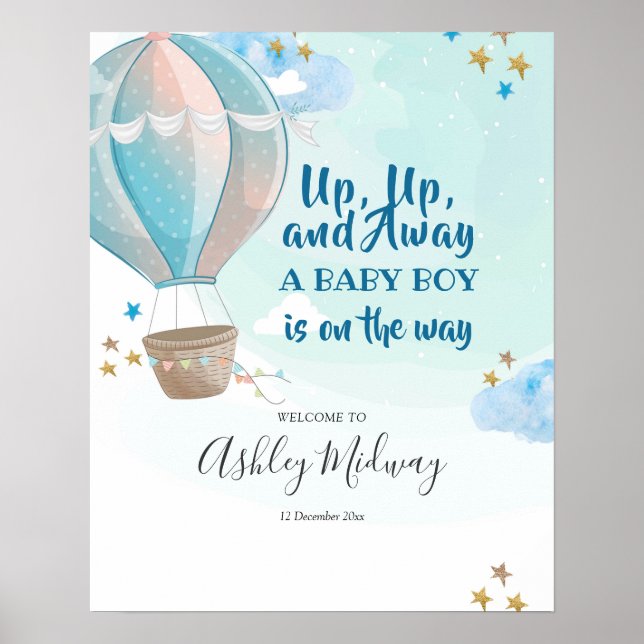 Blue Hot Air Ballon Baby Dusche Begrüßungszeichen Poster (Vorne)