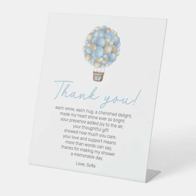 Blue Hot Air Ballon Baby Dusche Danke Gedicht Sockelschild (Vorderseite)