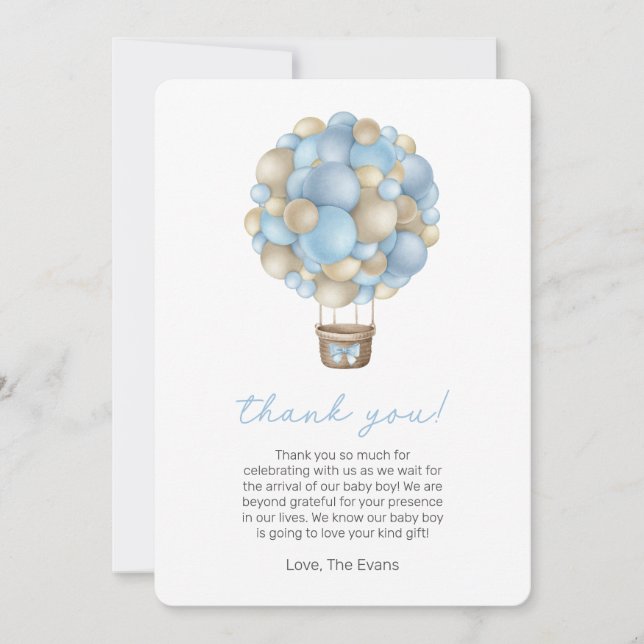 Blue Hot Air Ballon Baby Dusche Danke Karte (Vorderseite)