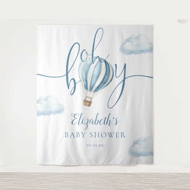 Blue Hot Air Ballon Baby Dusche Foto Hintergrund Wandteppich (Vorderseite)