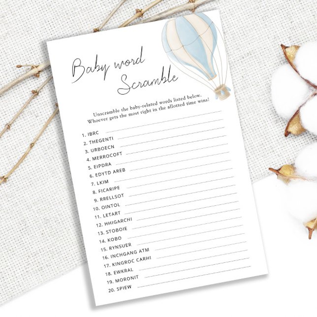 Blue Hot Air Ballon Baby Dusche Word Scramble (Von Creator hochgeladen)