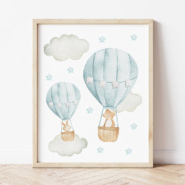 Blue Hot Air Ballon, Bär, Bunny, Boy Kinderzimmer Fotodruck