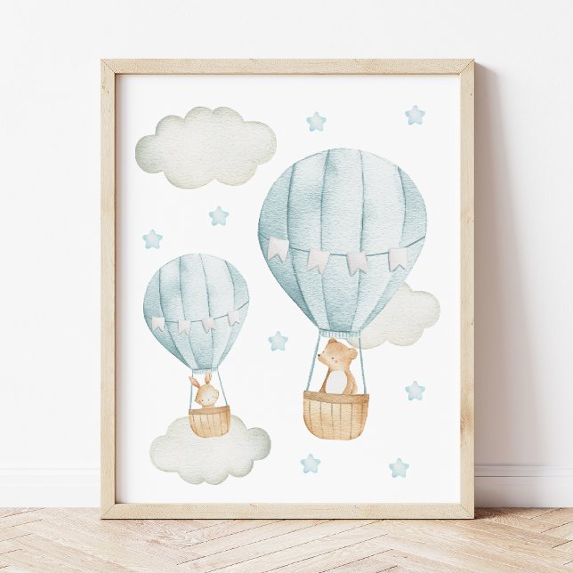 Blue Hot Air Ballon, Bär, Bunny, Boy Kinderzimmer Fotodruck (Von Creator hochgeladen)