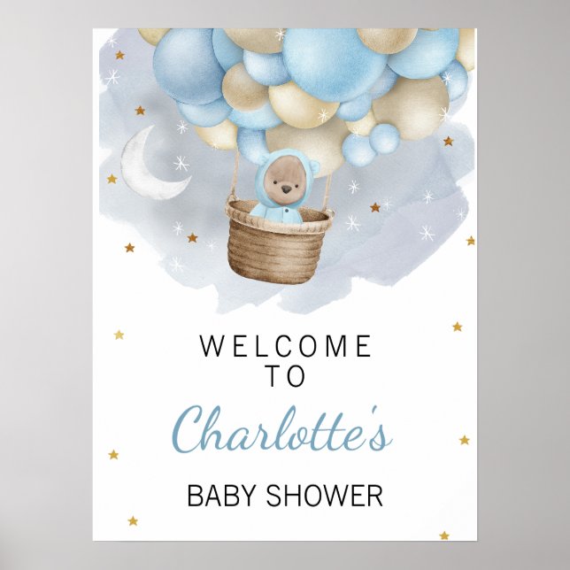 Blue Hot Air Ballon Bear Baby Dusche Begrüßungszei Poster (Vorne)