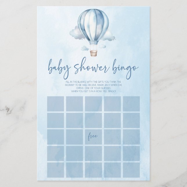 Blue Hot Air Ballon Bingo Baby Showspiel (Vorderseite)